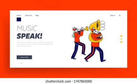 Victory Parade Celebration Landing Page Template. Military Orchestra Playing Musical Instruments Trumpet and Trombone Musician Characters Walking with March. Linear People Vector Illustration