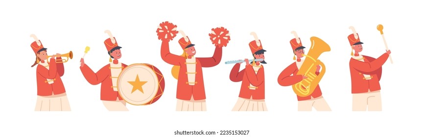 Victory Parade with Children Musician Characters Marching. Military Orchestra Playing Musical Instruments Flute, Drum, Tuba and Horn Isolated on White Background. Cartoon People Vector Illustration