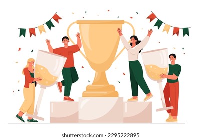 Victory party concept. Men and women with alcoholic drinks in glasses near golden goblet. Winners in competitions and tournaments, best employees. Cartoon flat vector illustration