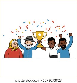 Victory Party | Team Holding Trophy in a Joyful Vector Scene