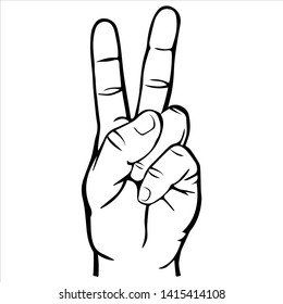 Victory And Peace Gesture Symbol. Hand With Two Fingers Up. Hand-drawn Sketch