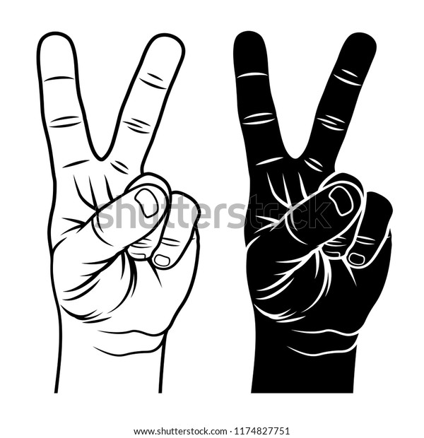Victory and Peace Gesture Symbol. Hand with two\
fingers up. Hand-drawn\
sketch