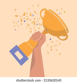 Victory people. Victory cups in the hands of people. Vector image.