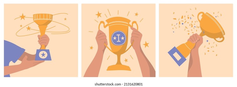 Victory people. A set of victory cups in the hands of people. Vector image.