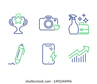 Victory, Photo camera and Signature line icons set. Cleanser spray, Smartphone charging and Demand curve signs. Championship prize, Love photos, Written pen. Washing liquid. Business set. Vector