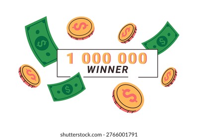 Victory playing gamble games, check for winning amount received. Vector isolated winner voucher and flying banknotes and coins. Success in gambling entertainment. Sports betting, casino and lotteries