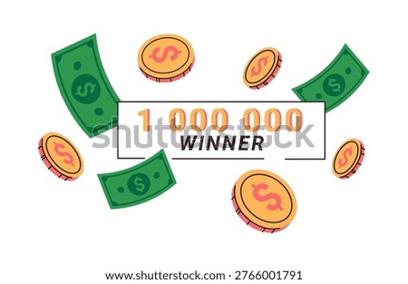 Victory playing gamble games, check for winning amount received. Vector isolated winner voucher and flying banknotes and coins. Success in gambling entertainment. Sports betting, casino and lotteries