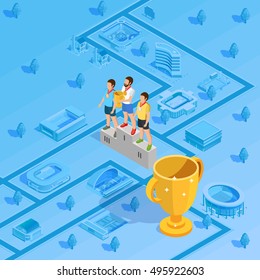 Victory podium at award gold cup trophy winner presentation ceremony isometric poster with stadium background vector illustration 