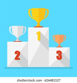 Victory Podium with first, second and third place. Conceptual image competition winner.Cartoon flat vector illustration. Objects isolated on a background.