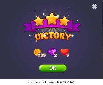 Victory pop up for mobile games. With prizes. Can be use on a dark background. Isolated. Receiving the cartoon achievement game screen. Vector illustration with golden stars. Graphical user interface