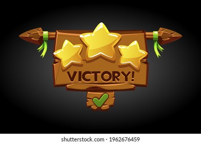 Victory pop-up, wooden old banner game assets.