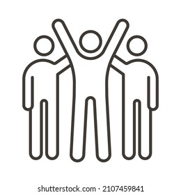 Victory pose with arms up and group of people congratulating. Vector thin line icon for concepts of teamwork, success, business organization achievement