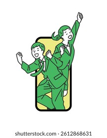 Victory Pose Businesspeople Illustration Set. Men and women in suits striking victory poses. Great for visuals on success, motivation, and achievement in business and branding.