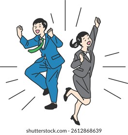 Victory Pose Businesspeople Illustration Set. Men and women in suits striking victory poses. Great for visuals on success, motivation, and achievement in business and branding.
