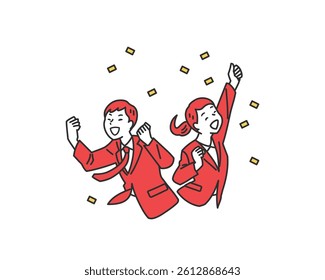 Victory Pose Businesspeople Illustration Set. Men and women in suits striking victory poses. Great for visuals on success, motivation, and achievement in business and branding.