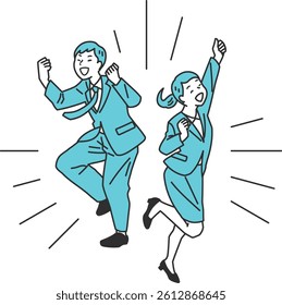 Victory Pose Businesspeople Illustration Set. Men and women in suits striking victory poses. Great for visuals on success, motivation, and achievement in business and branding.