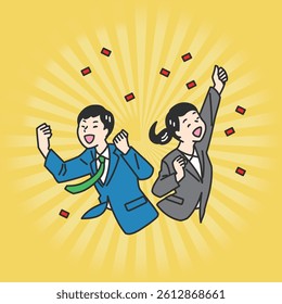 Victory Pose Businesspeople Illustration Set. Men and women in suits striking victory poses. Great for visuals on success, motivation, and achievement in business and branding.