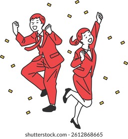 Victory Pose Businesspeople Illustration Set. Men and women in suits striking victory poses. Great for visuals on success, motivation, and achievement in business and branding.