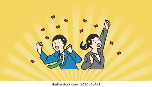 Victory Pose Businesspeople Illustration Set. Men and women in suits striking victory poses. Great for visuals on success, motivation, and achievement in business and branding.