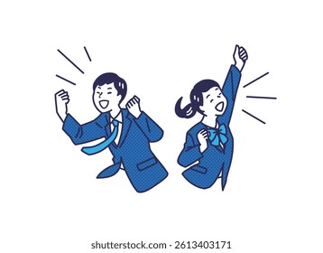  Victory Pose Students – Joyful Illustration Set. Students in uniforms celebrating success with victory poses. Ideal for education, exam success, motivation, and learning support visuals.