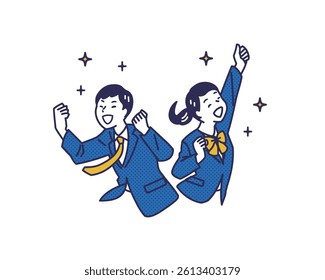  Victory Pose Students – Joyful Illustration Set. Students in uniforms celebrating success with victory poses. Ideal for education, exam success, motivation, and learning support visuals.
