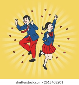  Victory Pose Students – Joyful Illustration Set. Students in uniforms celebrating success with victory poses. Ideal for education, exam success, motivation, and learning support visuals.