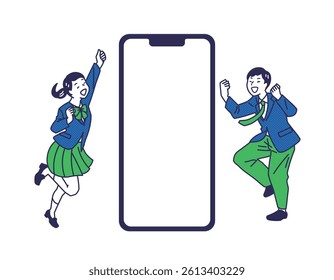  Victory Pose Students – Joyful Illustration Set. Students in uniforms celebrating success with victory poses. Ideal for education, exam success, motivation, and learning support visuals.