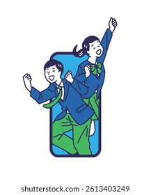  Victory Pose Students – Joyful Illustration Set. Students in uniforms celebrating success with victory poses. Ideal for education, exam success, motivation, and learning support visuals.