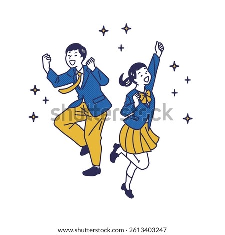  Victory Pose Students – Joyful Illustration Set. Students in uniforms celebrating success with victory poses. Ideal for education, exam success, motivation, and learning support visuals.
