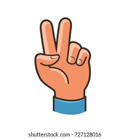 Victory sign, gesture. Two fingers raised up, peace, winning symbol or icon. Cartoon vector illustration