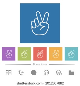 Victory sign hand gesture flat white icons in square backgrounds. 6 bonus icons included.