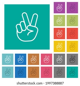 Handgesten mit Siegeszeichen, mehrfarbige flache Symbole auf einfarbigem Hintergrund. Weiße und dunklere Icon-Variationen für Hover oder aktive Effekte.