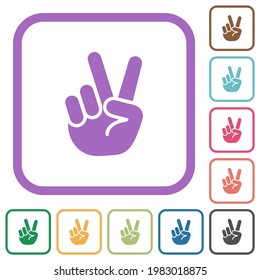 Victory sign hand gesture simple icons in color rounded square frames on white background
