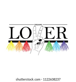 victory sign and lover slogan, pompon, for T-shirt printing design and various jobs