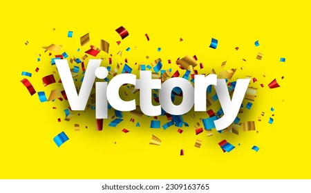 Victory sign over colorful cut out foil ribbon confetti on yellow background. Design element. Vector illustration.
