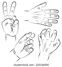 Victory sign. Splayed fingers. Palm. Pinch. Scratching hand. Holding something delicate.