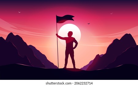 Victory - Silhouette of man holding flag on top with mountain range in background. Motivational winner and triumph concept. Vector illustration