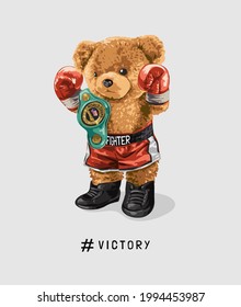 Victory Slogan With Bear Doll Boxing Athlete With Champion Belt Vector Illustration