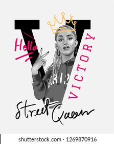 victory slogan with girl signs two fingers illustration