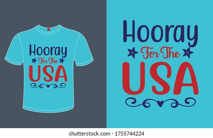 Victory Slogan On American Independence Day Hooray For The USA. Red Blue US Flag Color Typography To Print On T-Shirts, Hoodies, Mugs, Tote Bags, Pillows And More. Banner, Poster Graphics On 4th July.