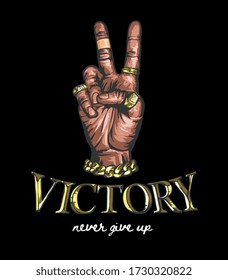 Victory Slogan With V Hand Sign Illustration On Black Background