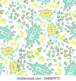 Victory speech bubble seamless repeat vector pattern in cartoon pop style, hand drawn hand written doodle in blue and yellow on white background