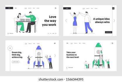 Sieg, Startup Launch Website Landing Page Set. Geschäftsleute starten Rakete und geben fünf hoch. Financial Idea Planning, Triumph Webpage Banner. Cartoon Flache Vektorgrafik, Line Art