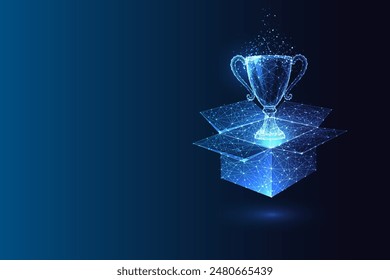 Victoria, éxito, logro Imagen conceptual futurista con copa de trofeo emergente de caja abierta sobre fondo azul oscuro. Estilo poligonal bajo brillante. Ilustración vectorial de diseño abstracto moderno.