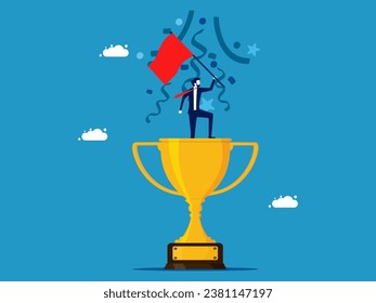 Victory and success in business. Winning businessman raises red flag on trophy 