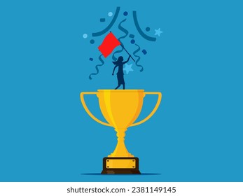Victory and success in business. Winning woman raises red flag on trophy 