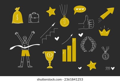 Victory, success concept. Vector icon doodle hand drawn set. Champion, Cup, award, star medal, money.