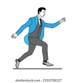 Victory or success happy businessman jump with raised arms, flat vector line art minimal illustration white background
