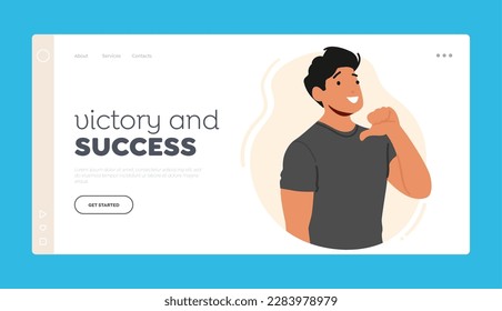 Victory and Success Landing Page Template. Confident Man Pointing At Himself With A Big Smile, Radiating Positivity And Self-assurance. Male Character Promotes Self-esteem. Cartoon Vector Illustration