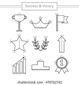 Victory and success. Set of linear flat icons isolated. Vector